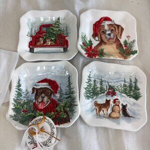 Brand new Maxcera Christmas Hat Holiday Dogs Appetizer plates set 4
